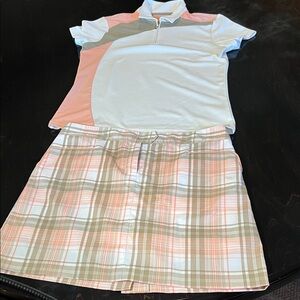 Izod Golf Tan and Cream Plaid Skirt Outfit